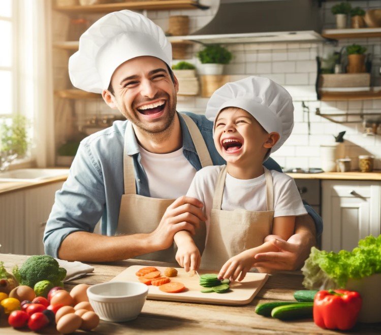 "Child and parent preparing healthy meal together"