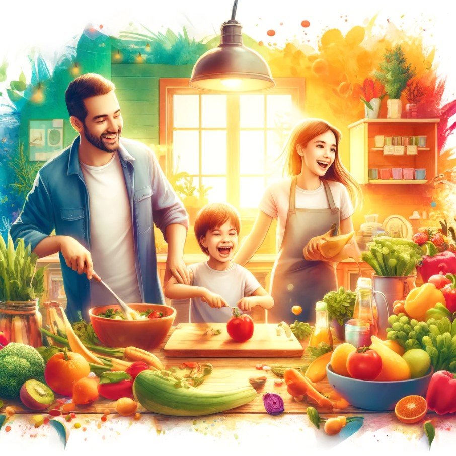 "Family cooking together in a kitchen filled with healthy food"